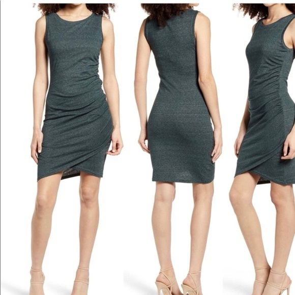 Leith Green Asymmetrical Ruched Sheath Mini Dress, Size M - Picture 1 of 6